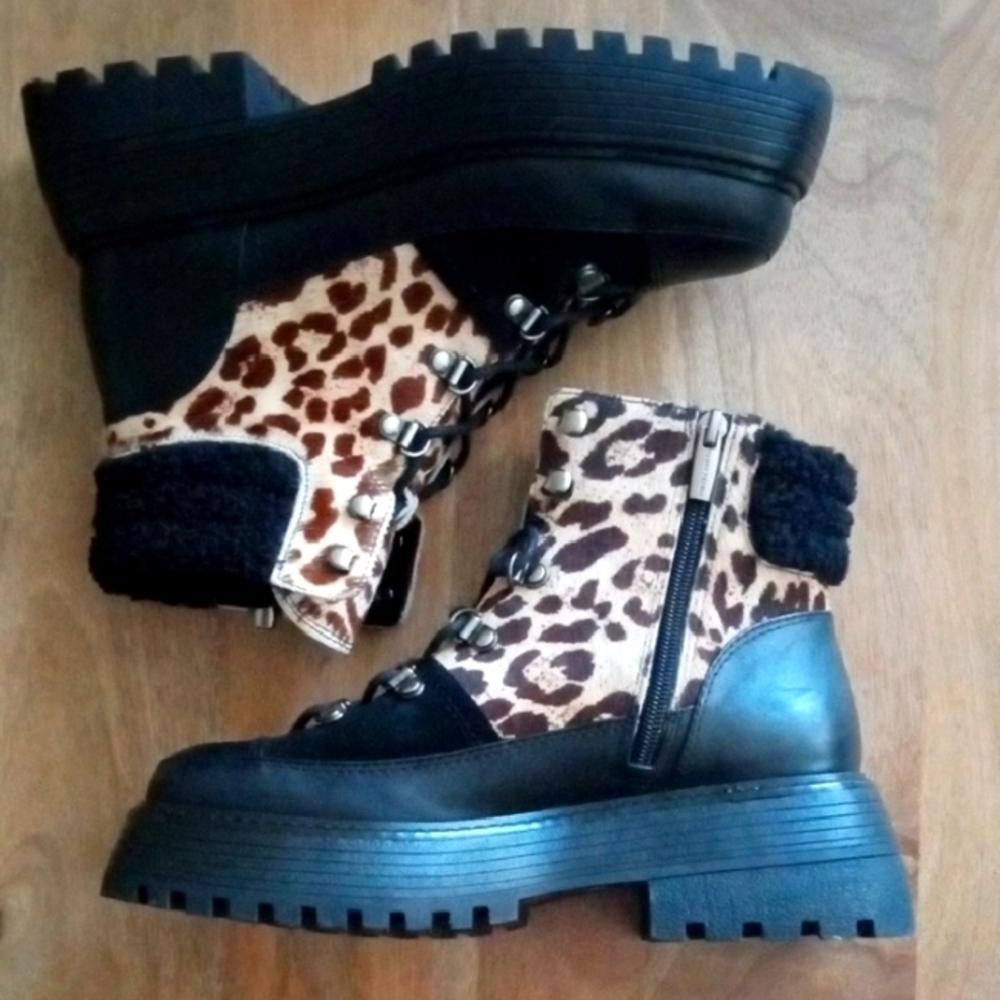 Vince Camuto Mertami Leather Leopard Combat Boots